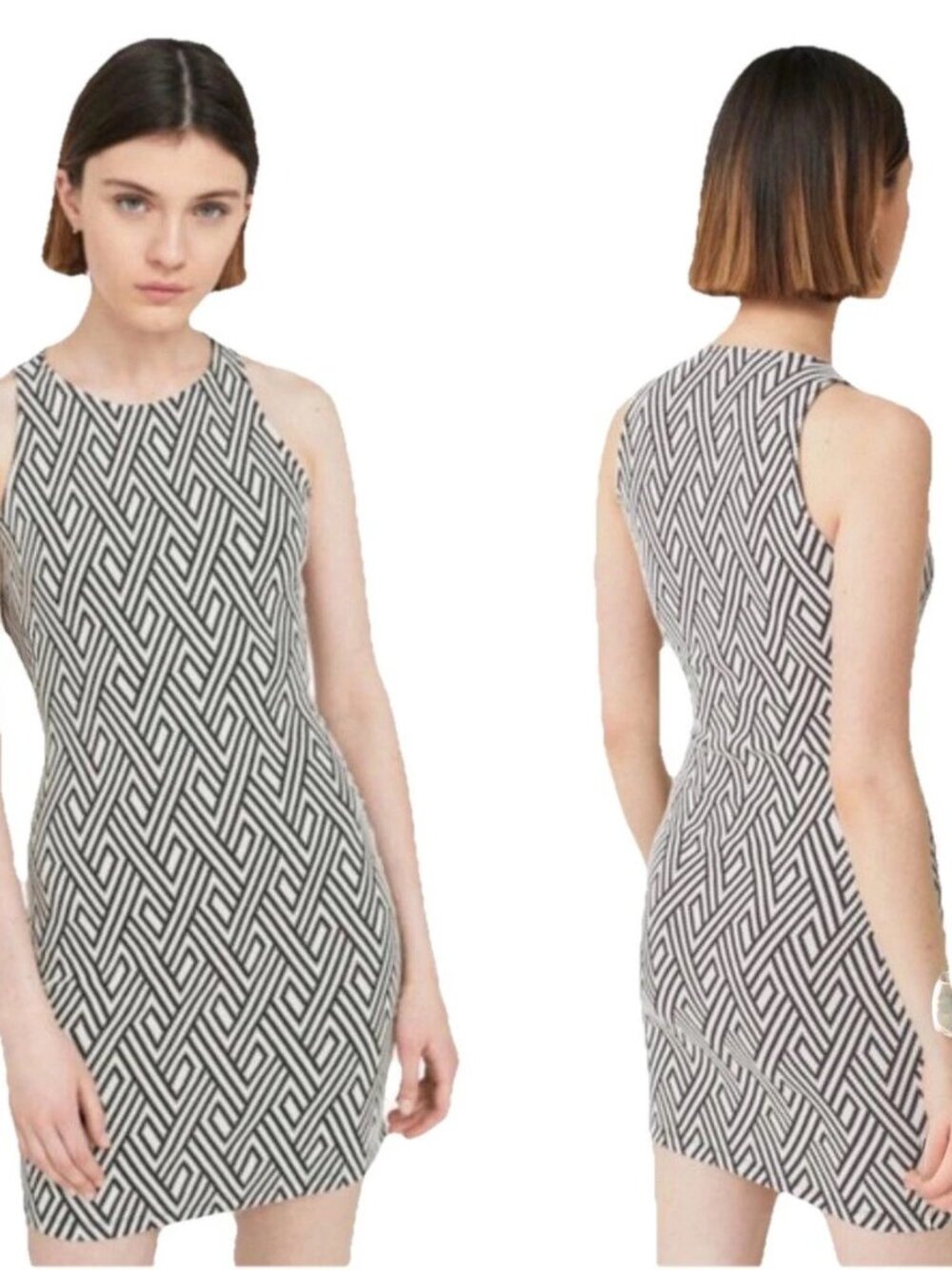MANGO Black and White Geometric Print Sleeveless Bodycon Mini Dress Sz 4